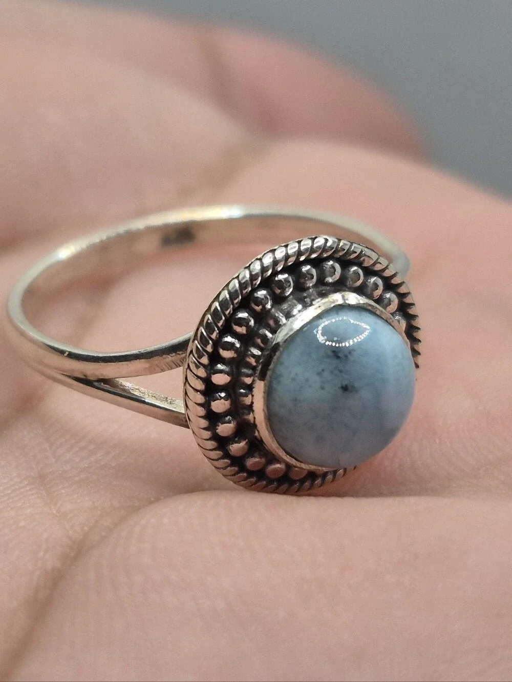 .925 Sterling Silver Elegant Women's Circular Design Larimar Ring